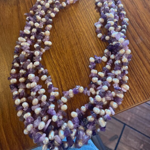 Handmade Multi-Strand Amethyst & Freshwater Pearl Statement Necklace - Picture 2 of 9